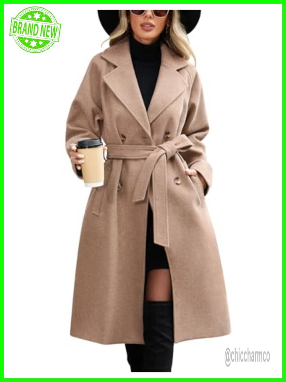Women's Notch Lapel Double Breasted Long Pea Coat with Belt & Slant Pockets